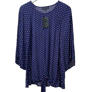 FRED DAVID Blouse Plus Size 1X Rayon Womens Top 3/4 Sleeve  Navy Red Dot NWT